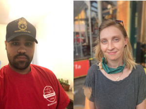 Luis wears a red RWDSU T-shirt and black Teamsters hat. Sarah wears a shirt with no text.