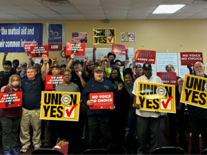 A group of 33 Black and white women and men stands in a union hall, smiling and looking determined, many holding fists in the air. Many hold printed union signs. Yellow ones say "Union Yes." Red ones say "We are Alabama, we are UAW" and "No voice, no choice." Various signs on the wall behind them, including a big blue banner that says "Workers joining together for the mutual aid and protection of each other and their common interests."