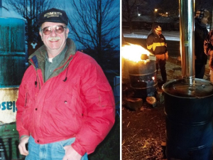 Two photos: 1.Tom with early prototype burn barrel. 2. Wabtech striker warming hands over new barrel.