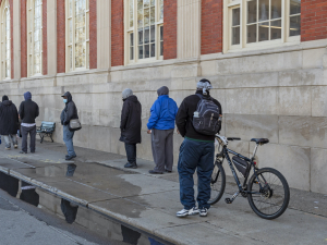 A line of people outside a Detroit homeless shelter