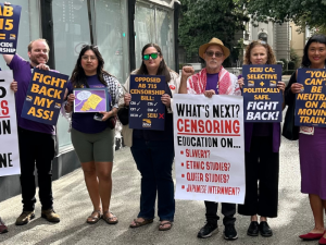 Eight people hold printed signs, many in the yellow/purple SEIU style: "AB 715 = genocide censorship." "Fight back my ass!" "Opposed AB 715: CFA, CFT, ACLU, CTA, CNA... [but not] SEIU." "SEIU CA: Selective + politically safe. Fight back!" "You can't be neutral on a moving train." "When we fight we win! When we're neutral we lose!" Big white signs with black & red letters: "AB 715 censors education on Palestine." "What's next? Censoring education on: Slavery, Queer/Ethnic Studies, Japanese Internment?"