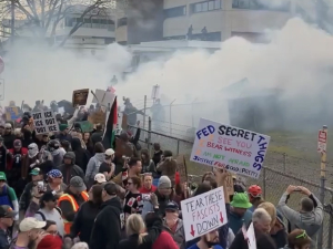 A dense cloud of tear gas envelops a crowd with colorful signs.