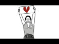 A drawing in the style of Norma Rae holding up a “union” sign but the sign has a broken heart on it.