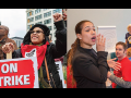 Left half: woman with "on strike" sign; right half: woman leading workshop
