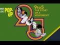 Green background, stylized "9-5" graphic, movie title, text "indie lens pop-up," and five black-and-white images of women of different races taking notes, typing, and speaking into a megaphone