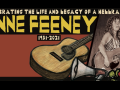 Artwork in the distinctive woodcut style of Ricardo Levins Morales has a guitar, a bullhorn, a rose, and a photo of Anne. Text says: "Celebrating the life and legacy of a hellraiser, Anne Feeney, 1951-2021."
