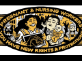 A cartoon in black and gold shows a woman with a sonogram and a person with a small baby, all are smiling. In the background is a disgruntled boss.