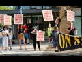 Eight picketers, who appear mostly young and white, stand in front of New Seasons. Their screen-printed picket signs say "New Seasons Labor Union, On Strike, Unfair Employer, Do Not Patronize" in red ink with flourishes. Two hold a black banner with yellow letters, only partly visible but appears to say "On strike." They all stand near the curb, facing traffic, and one has a bullhorn.