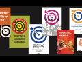 Book covers for six translations of Secrets of a Successful Organizer, in various colors, most featuring the bullseye logo. The Spanish tenants one instead shows two hands joined by the pinkies. A graphic from inside that book shows the "bullseye" diagram adapted to an onion, with the core group in the center, activists and supporters in layers of the onion, distant people outside the onion, and hostiles represented as a knife cutting the onion.