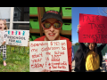 Three pictures: First one shows a happy child, hand in air, with Preschool for All yard sign; second shows a woman holding a handwritten sign: "Spending $787 on my classroom to start the school year is NOT okay! #InvestInEd #RedForEd"; third shows a young woman with a handwritten sign: "FAIR TAXES IS INVESTING IN US"