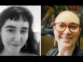 Left: black-and-white headshot of Natascha, she has long dark hair and short bangs, and is smiling closed-mouth, looking up at the camera. Right: color headshot of Kari, a white woman with a shaved head wearing a wide smile and red glasses. Behind her is the mural in the old UE Chicago office.