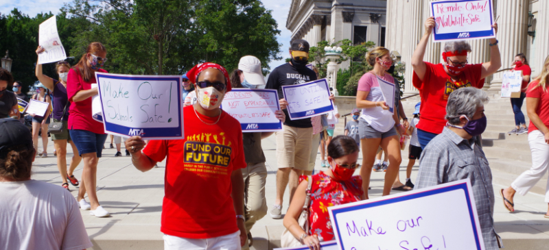 Massachusetts teachers rallied in front of Springfield City Hall in early August to demand the school year start with remote-only learning. Photo: Dave Madeloni