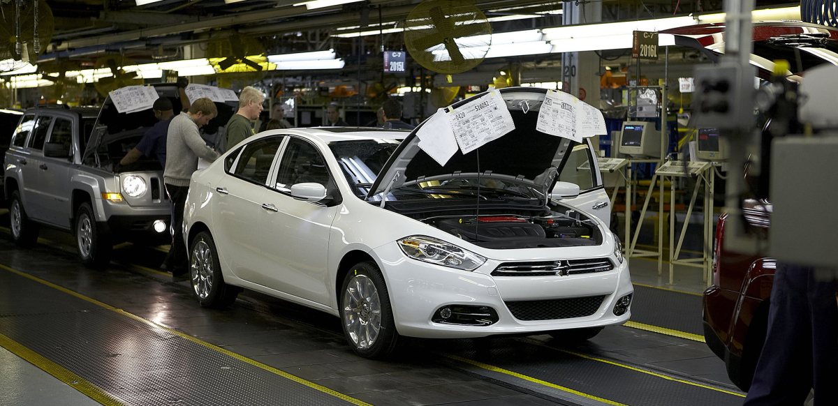 Workers produce the Dodge Dart on the assembly line at the Belvidere, Illinois, assembly plant.