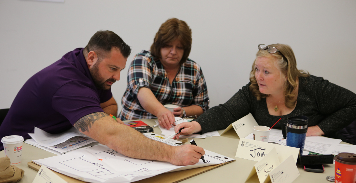 Three workers seated around a table collaborate to draw a hazard map