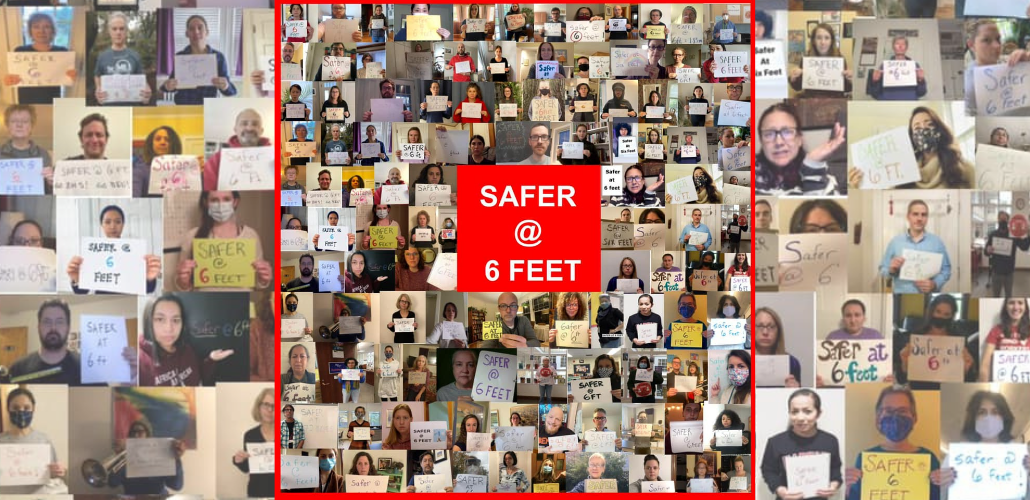 A collage of individual photos of teachers holding signs that say "Safer at six feet."