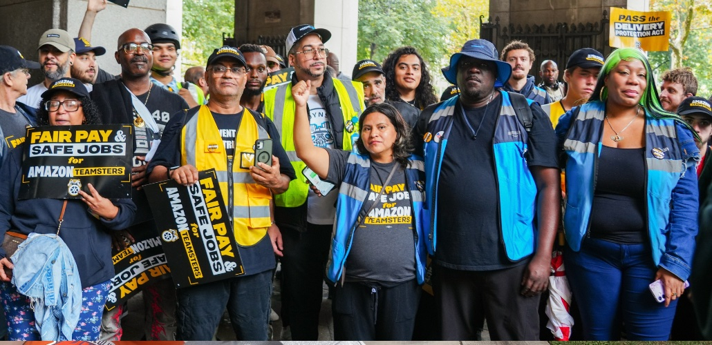 Amazon delivery drivers rally outside City Hall in NYC.