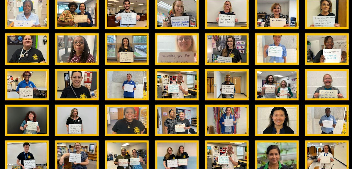 A grid of photos of union supporters holding up paper saying “I’m voting yes” and other things.