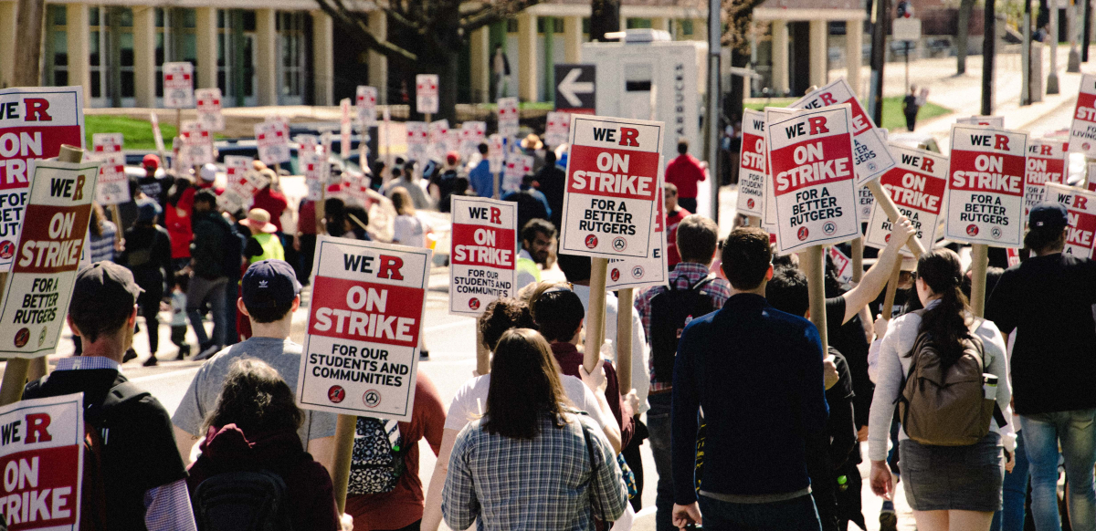 Striking Rutgers workers and supporters march at the campus in New Brunswick, New Jersey.