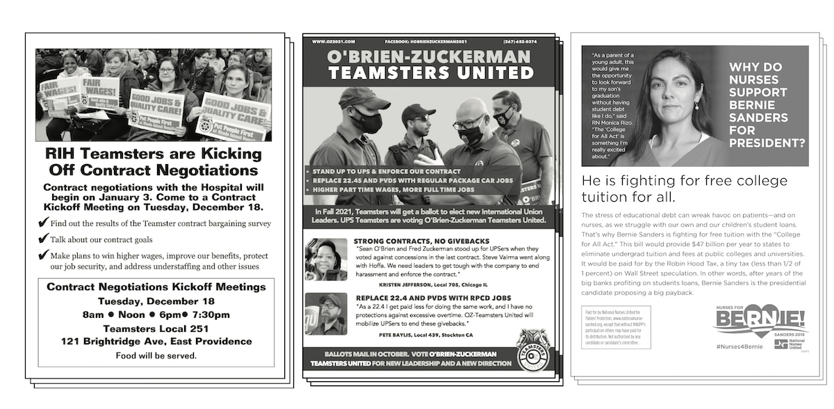Three black and white flyers side by side, for a Teamsters contract campaign, for a Teamsters leadership election, and nurses on why the support Bernie Sanders