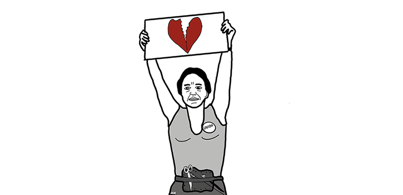 A cartoon Norma Rae holds up a sign with a broken heart, instead of the "Union" sign she holds up in the movie.