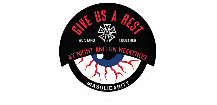 IATSE bloodshot eye "Give Us A Rest" text, campaign logo for current bargaining capaign