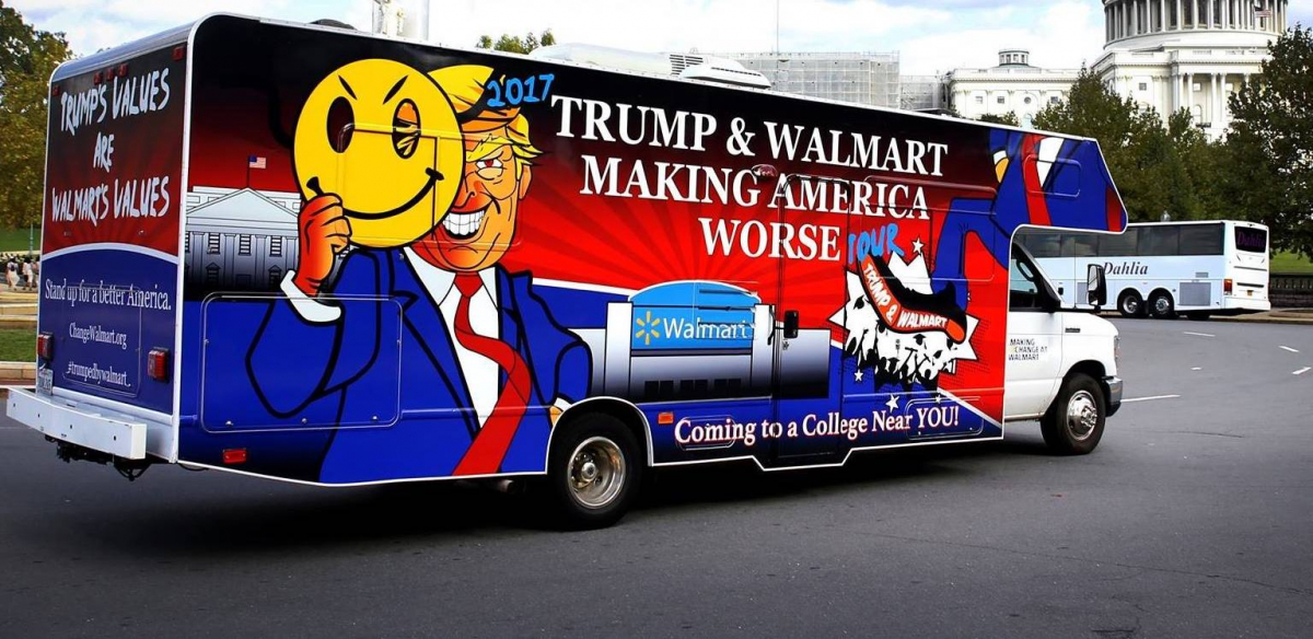 A truck with Donald Trump's face hiding behind the Walmart smiley-face logo, with the slogan: Trump and Walmart: Making America Worse