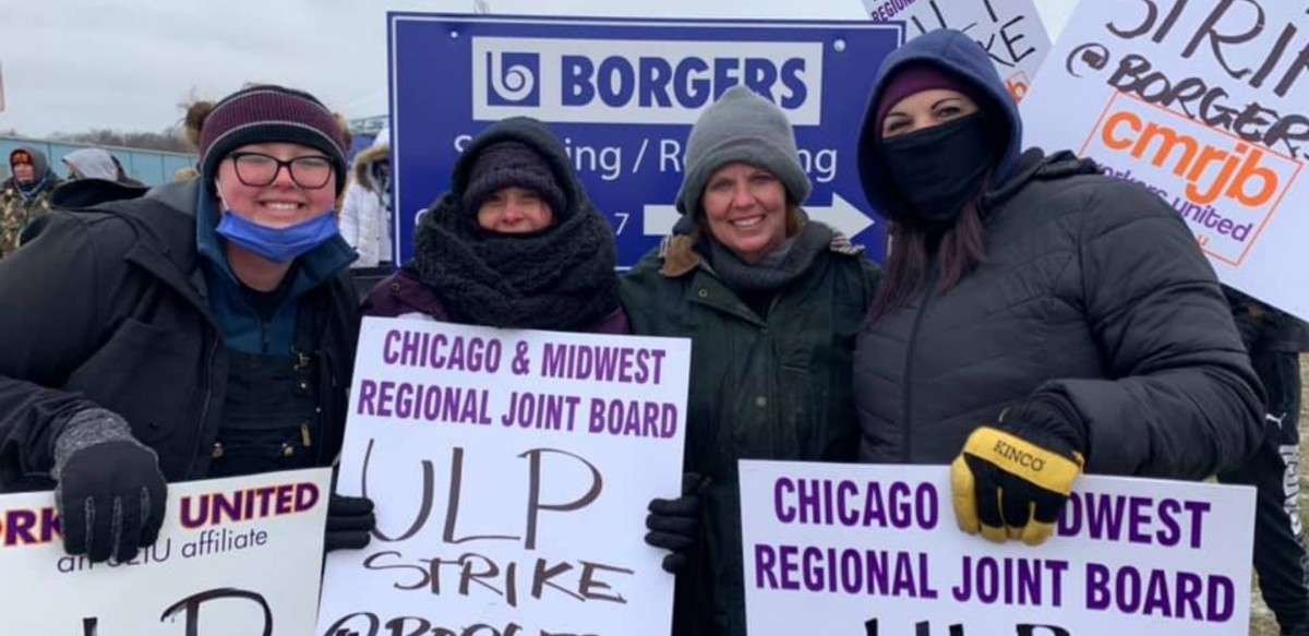 Workers carry signs reading "Chicago & Midwest Regional Joint Board, Workers United, ULP strike." Behind them is "Borgers" sign.