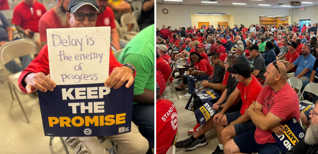 Two photos. Left photo shows a worker holding up a printed UAW sign "Keep the promise" and a handmade sign "Delay is the enemy of progress." Right photo shows hundreds of workers sitting on folding chairs in a union hall, many wearing red T-shirts or holding printed signs. Most but not all are white men.