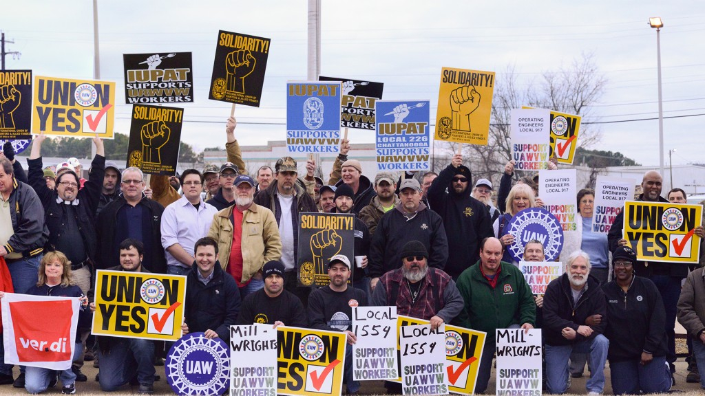 A crowd with signs saying "Millwrights Local 1554 support UAWVW workers," "IUPAT Local 226 supports UAWVW workers," "Solidarity," "Union Yes," "Ver.di," "UAW"