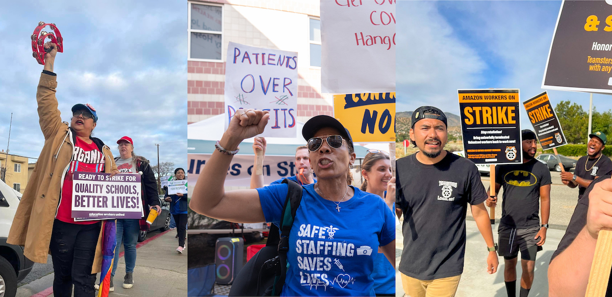 People from various picket lines are shown in three photos next to each other