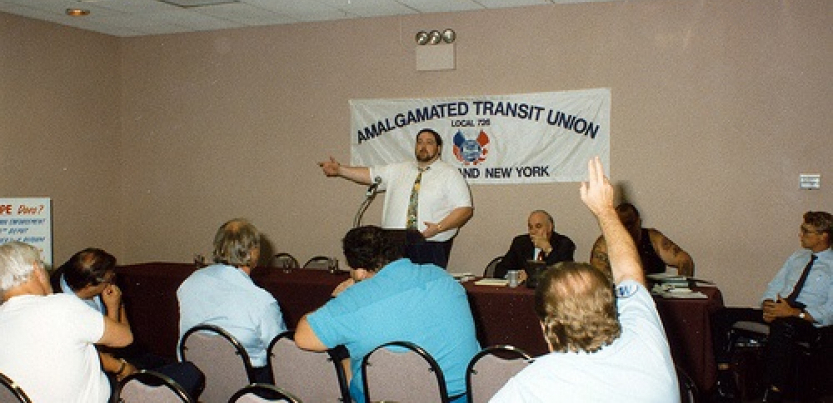 Larry Hanley addressing a crowd of ATU members.