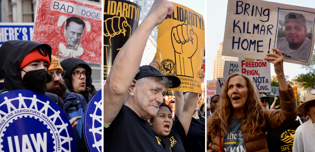 Montage of three photos, all showing details from crowds at large outdoor protests. 1: Workers hold blue signs printed with UAW logo, and someone behind holds a handmade "Bad DOGE" sign with Elon Musk's face. 2: An older white man and younger woman of color lean together. He has a fist in the air and she holds high a yellow sign with a fist graphic, the word "Solidarity!" and the Painters union logo. 3: A white woman holds a handmade "Bring Kilmar Home" sign with a photo of his face.