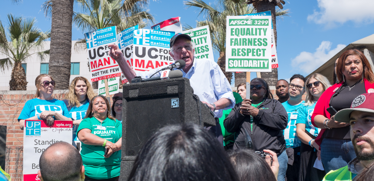 Bernie Sanders addressing a UPTE picket line in 2019.