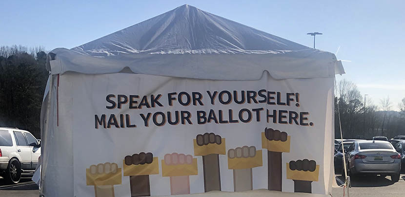 An Amazon-sponsored voting tent for workers during the Amazon Bessemer warehouse election.
