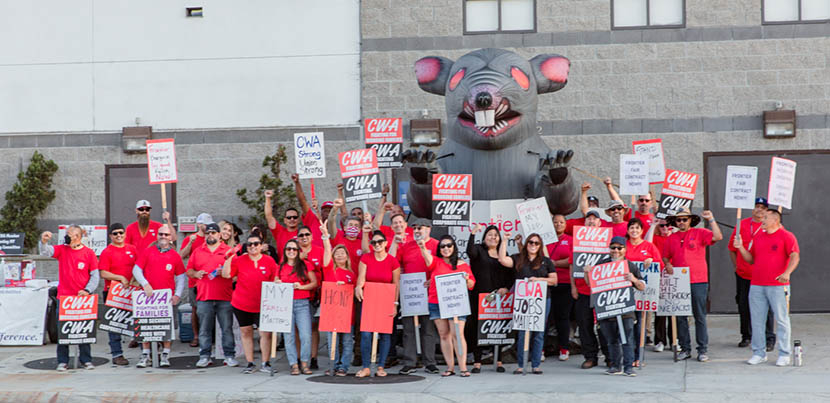 Dozens of Frontier workers / CWA members wearing red assembled with Scabby the inflatable rat