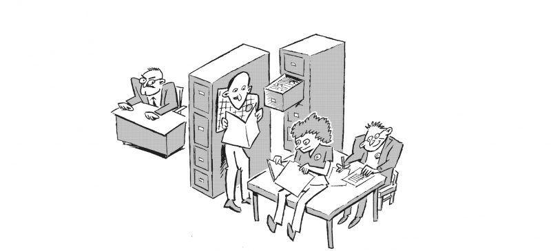 Black and white drawing shows boss looking annoyed while three workers in his office open cabinets and read through his files