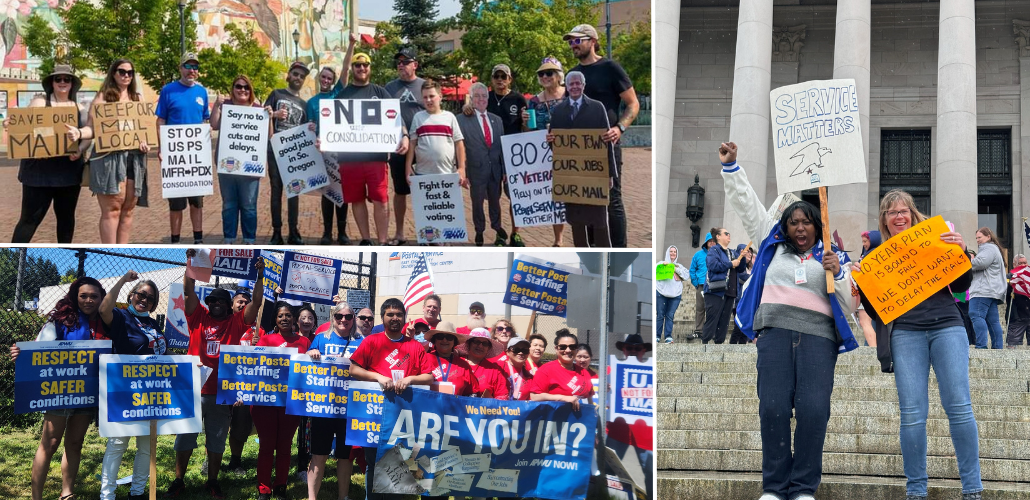 Three photos. Upper left: white people stand outdoors with handmade signs like "Save our mail," "no consolidation," "protect good jobs in southern Oregon." Lower left: A racially diverse crowd outside a mail plant with printed APWU signs for better staffing, better service, respect at work, and safer conditions. Right: a Black woman with raised fist, Miriam, and a white woman smiling big, Sheri, hold signs: "Service matters! ""10-year plan is bound to fail, we don't want to delay the mail!"