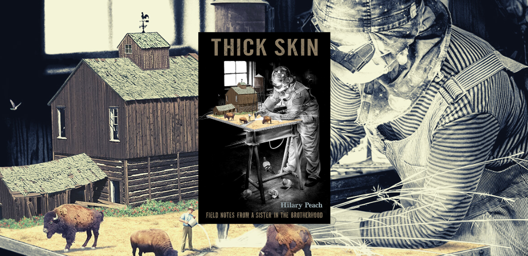 Book cover shows a person bending over a table, indoors, welding. On the table is a bright diorama of a farm with miniature barn, buffalos, and a farmer pouring a bucket of water on the same spot where the welder is aiming.