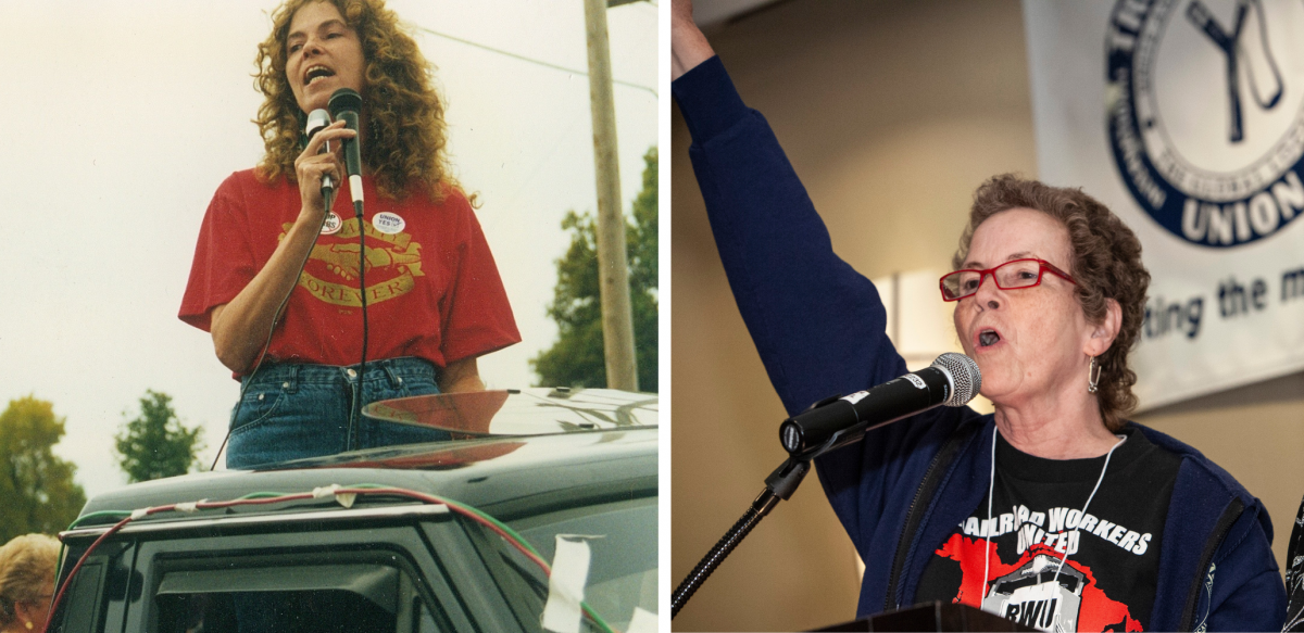 Left: Anne stands in back of a pickup truck holding a mic. Right: Anne stands at a mic, fist in the air, in front of Labor Notes banner.