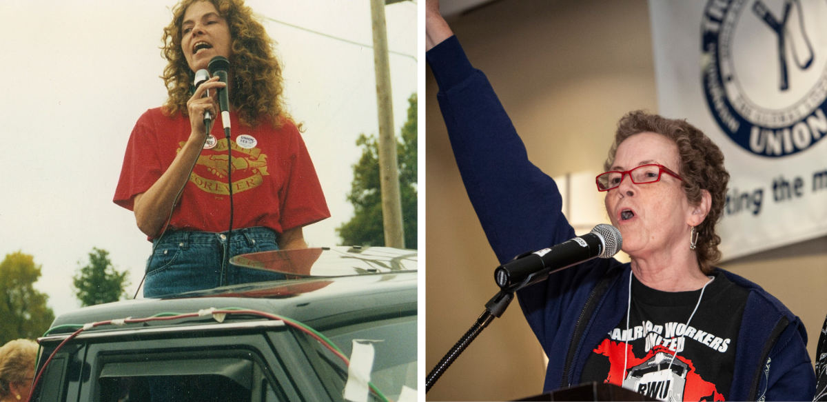 Two images of Anne Feeney. In the one on the left she is younger with long hair, standing on the bed of a pickup truck, singing into a mic, wearing a red "Solidarity Forever" T-shirt. In the one on the right she is older with shorter hair, singing into a mic indoors at the Labor Notes Conference, one fist in the air, wearing a black "Railroad Workers United" T-shirt, with a "Troublemakers Union" banner hanging on the wall behind her.