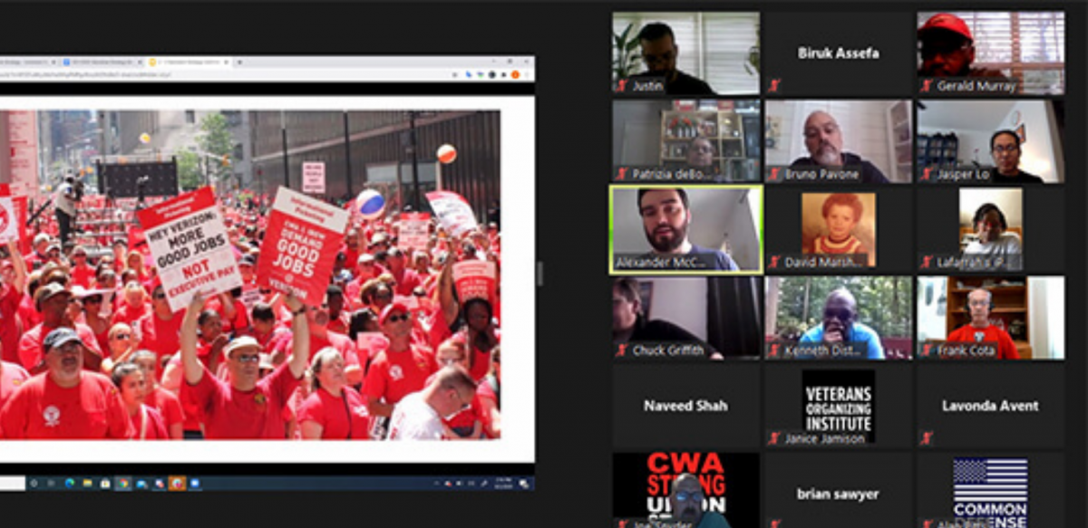 Zoom display shows a photo from Verizon strike (sea of red shirts) on the left; on the right, thumbnails of 18 participants in the call