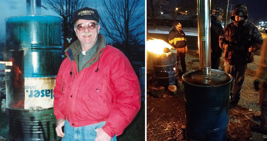 Two photos: 1.Tom with early prototype burn barrel. 2. Wabtech striker warming hands over new barrel.