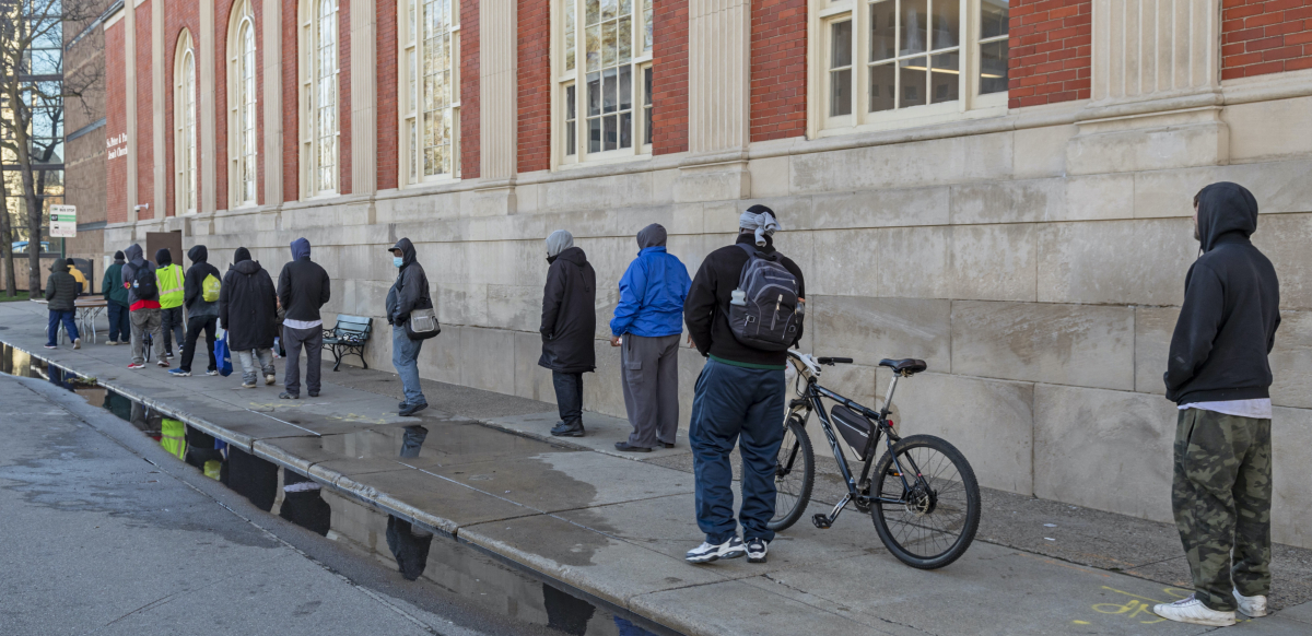 A line of people outside a Detroit homeless shelter