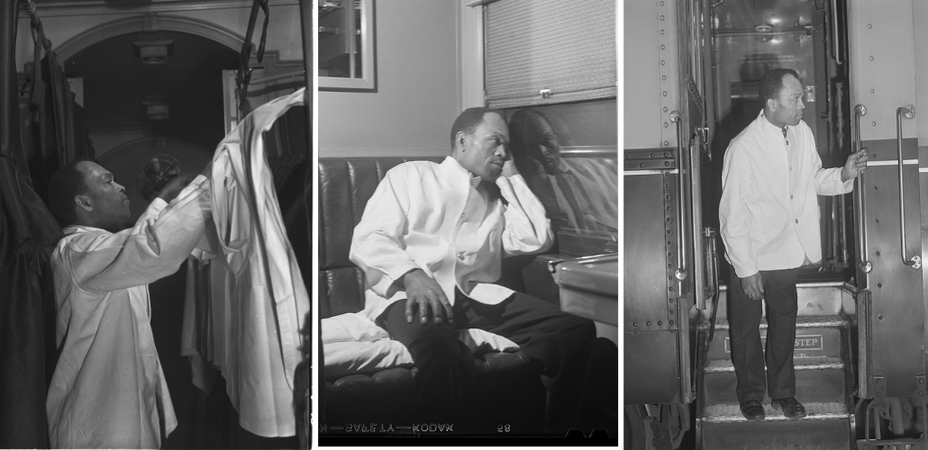 Three black-and-white photos show a Black man, dressed in the white coat and black slacks of a Pullman porter, putting up a bed on an upper berth, resting on a bench seat looking out the train window, and standing on the train stairs. It is not clear whether the three photos show the same man or different men.