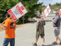 Three workers picket, facing slightly away from the camera, on a tree-lined road outdoors. Their picket signs say "On strike, Unfair Labor Practice, Calportland Glacier Northwest, Teamsters Local 174."