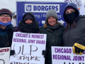 Workers carry signs reading "Chicago & Midwest Regional Joint Board, Workers United, ULP strike." Behind them is "Borgers" sign.