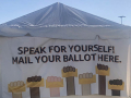 An Amazon-sponsored voting tent for workers during the Amazon Bessemer warehouse election.