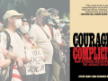 A line of veterans in Portland and the cover of the book Courage or Complicity