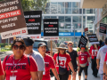 People in red T-shirts picket in the sunlight on a downtown sidewalk. Shirts say "Hotel workers strike" and "UNITE HERE Local 23." Picket signs say "Houston's workers on strike for fair wages." Another slogan partially visible on some signs is "One job should be enough."