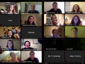 Compilation of two Zoom screenshots shows 50 people on a call. Most are smiling faces, some show text only